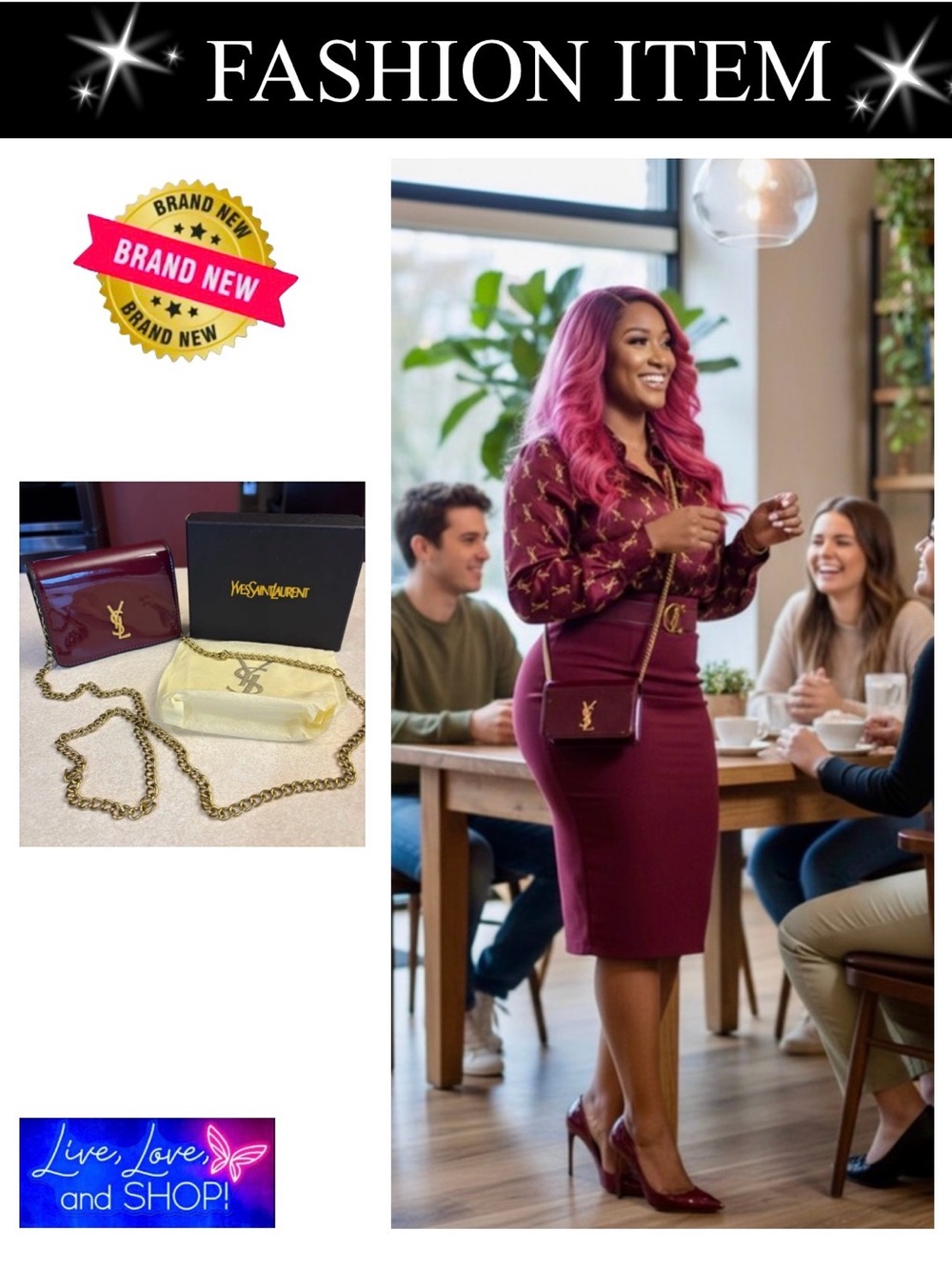 PURSE: Burgundy Patent Leather w/Golden Hardware & Chain w/Box & Dust Bag, NWOT